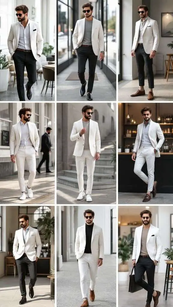 A collage of men wearing white suits in various settings.