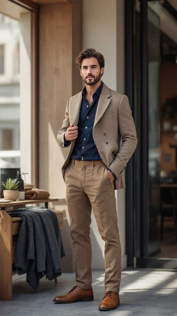 A man wearing a light brown double breasted suit with beige trousers and a dark shirt, standing in a modern setting.