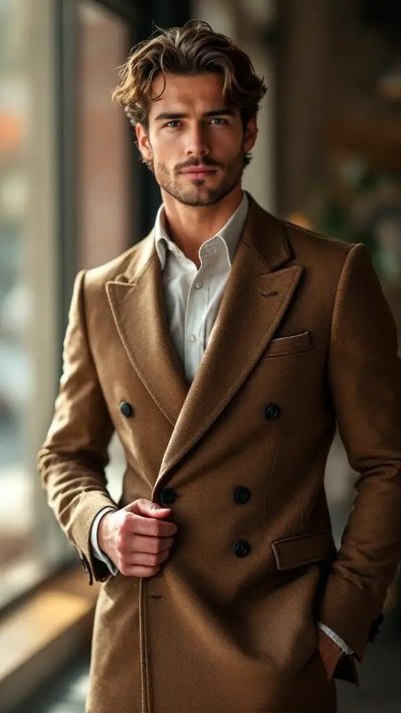 A stylish man wearing a brown double breasted suit with a light shirt, standing indoors.