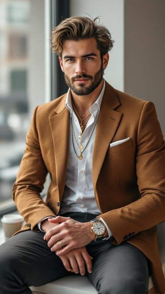 A man wearing a brown blazer with layered accessories, including necklaces and a watch, sitting by a window.