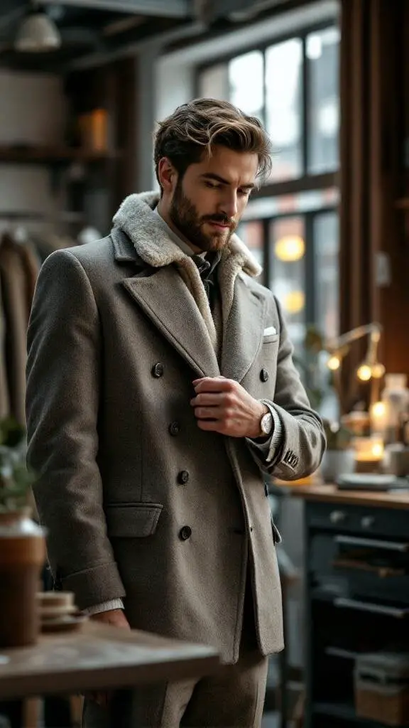 A man wearing a stylish double-breasted suit in a cozy, well-lit setting.