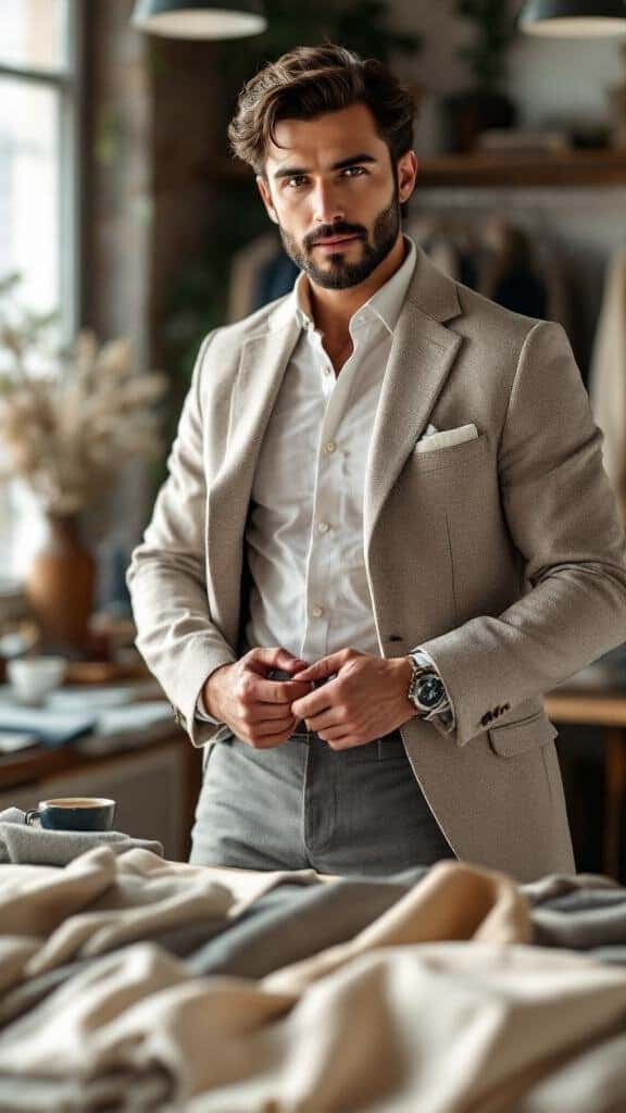 A man in a light-colored suit, showcasing a stylish and sophisticated look.