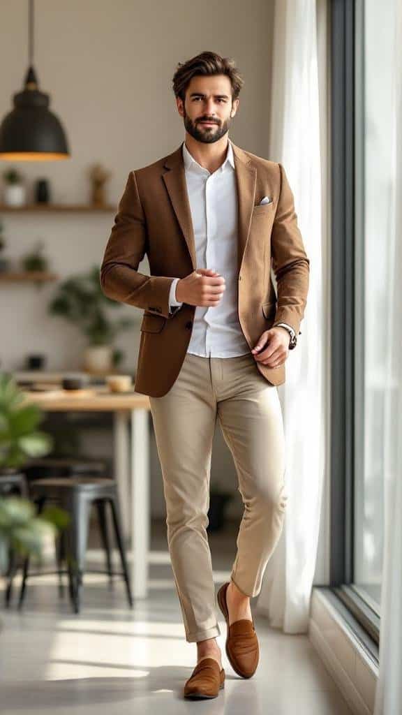 Man wearing a brown blazer with chinos, showcasing a polished look.